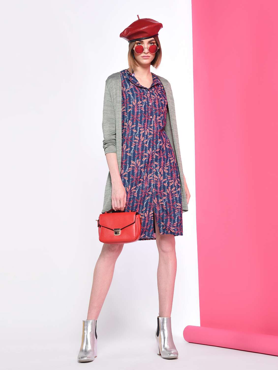 botanical print lapel neck shirt dress