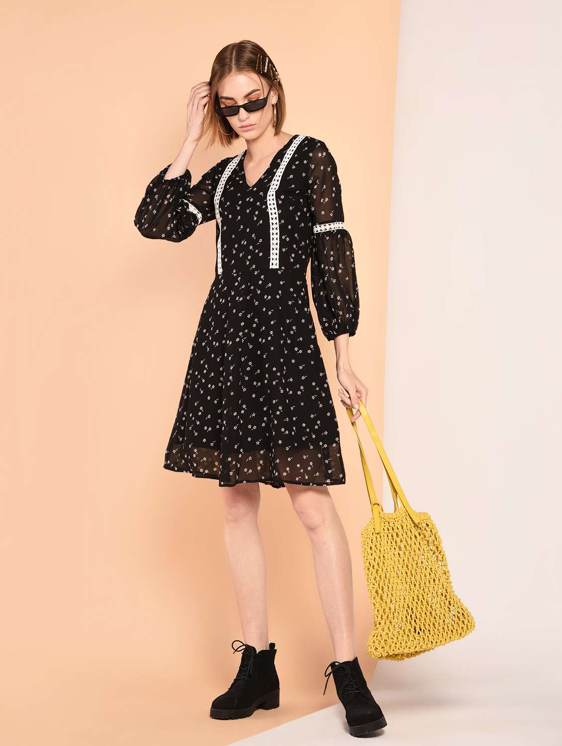 bishop sleeved lace trim a-line dress