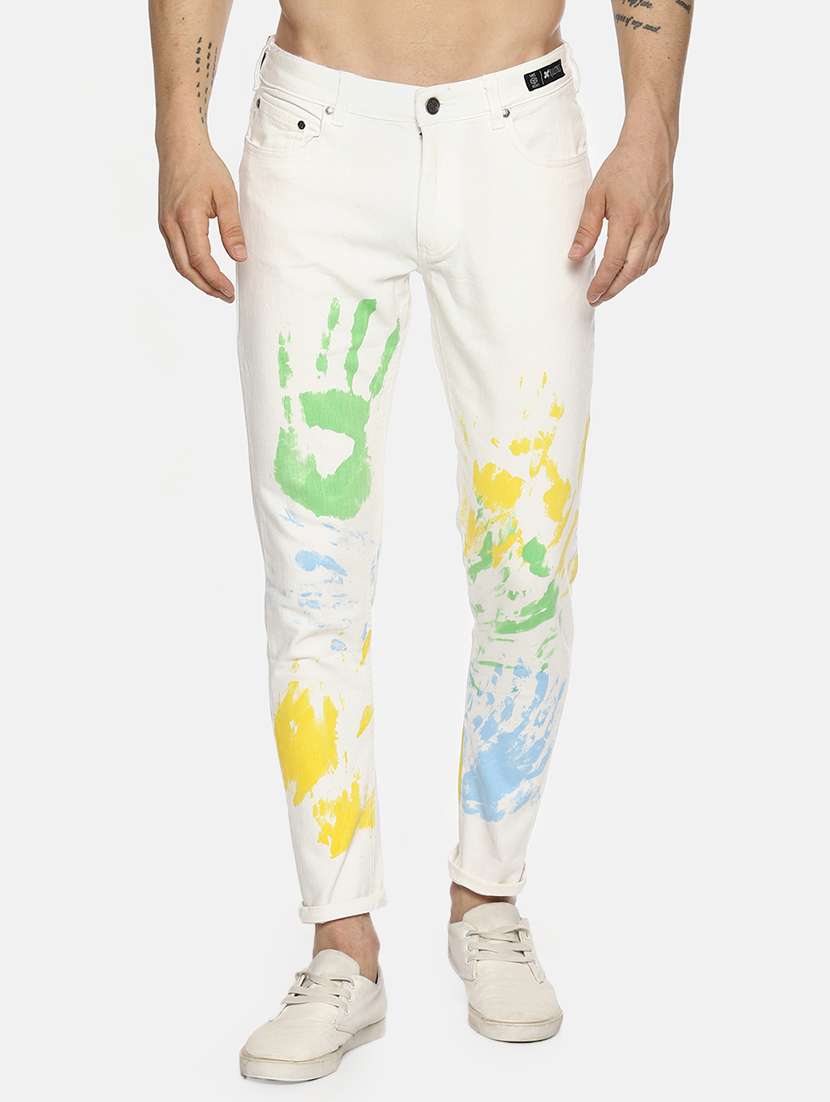 white printed jeans