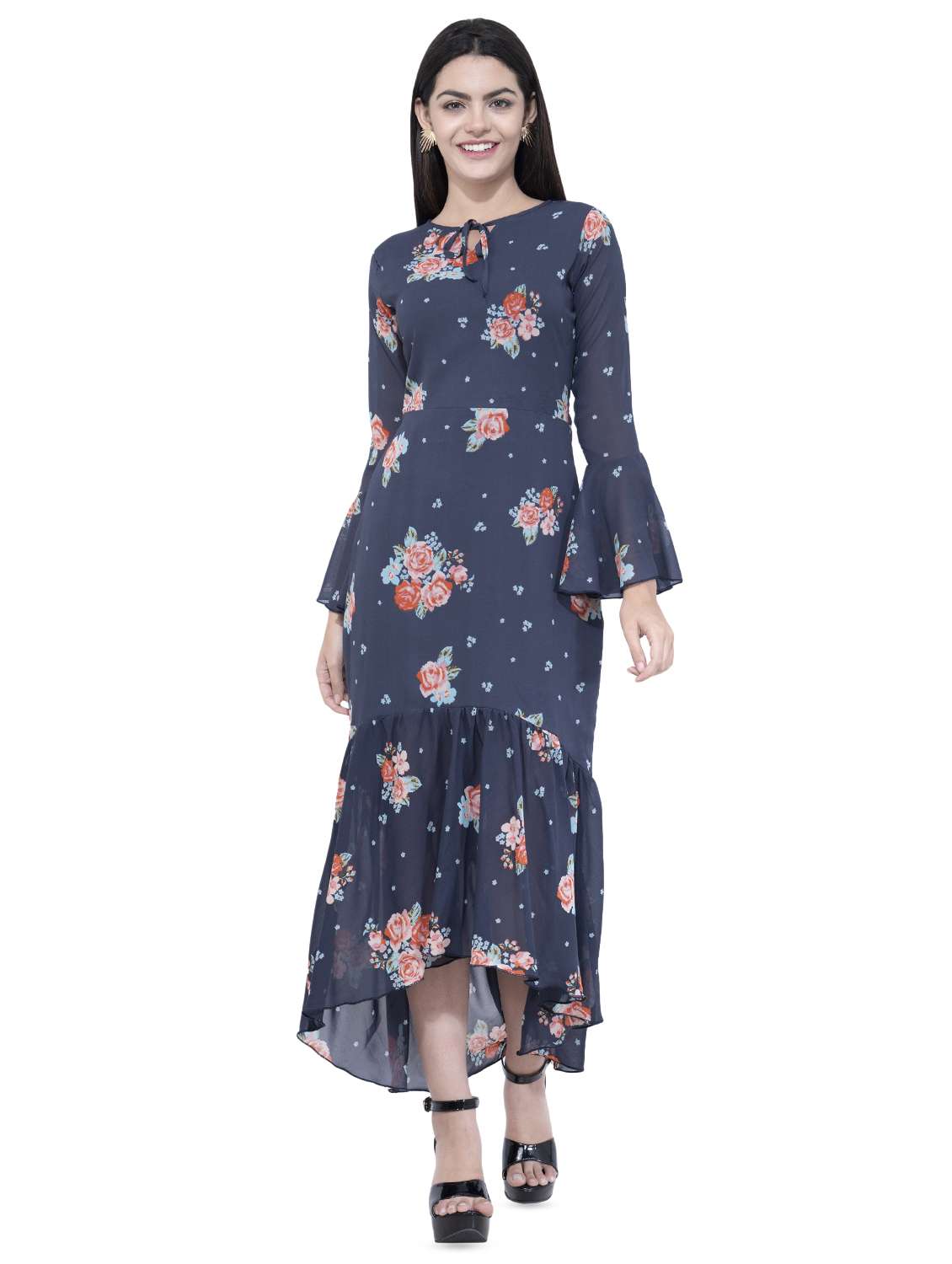 tie knot front gathered hem high low dress