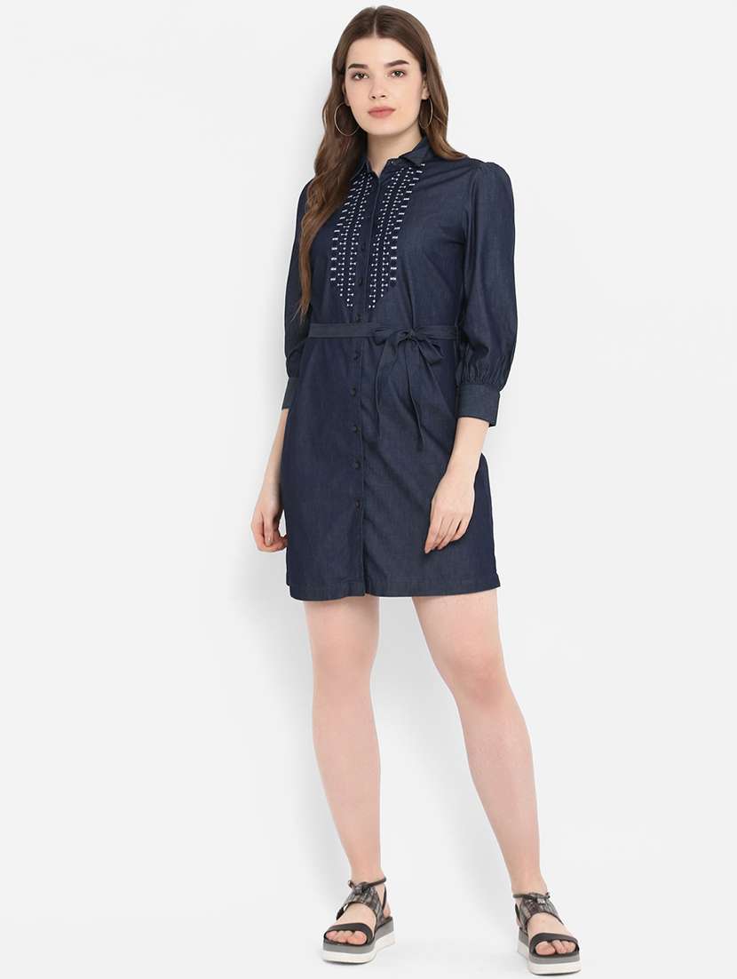 tie front embroidered detail shirt dress
