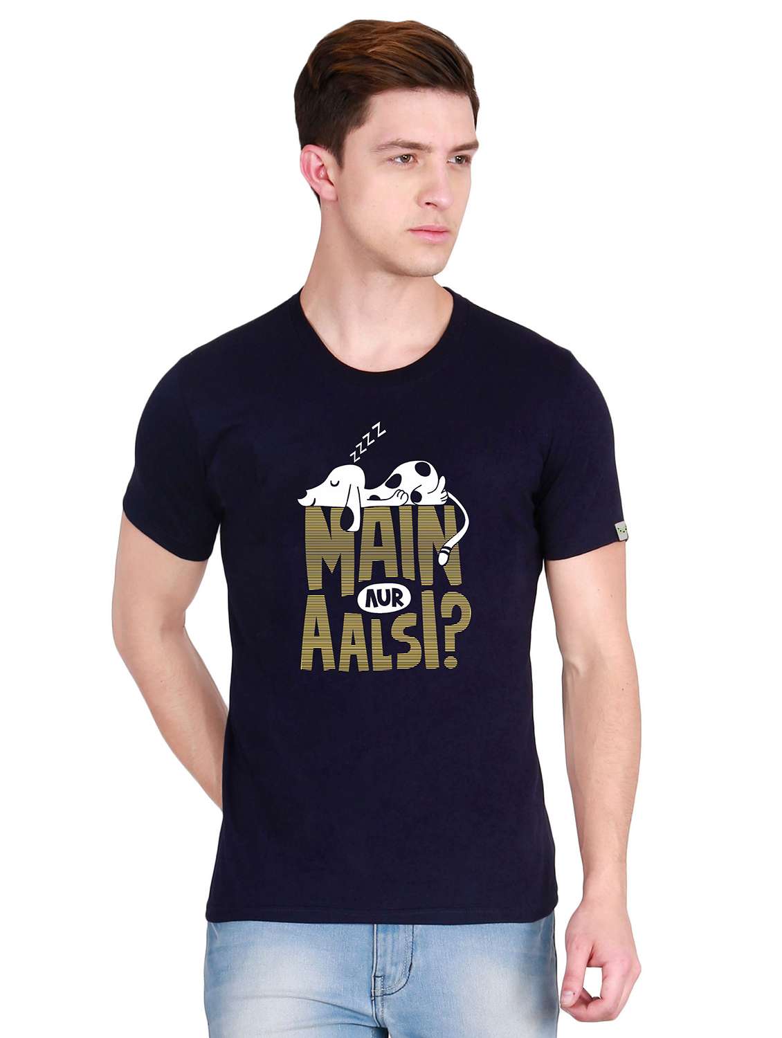navy blue typographic chest print t-shirt