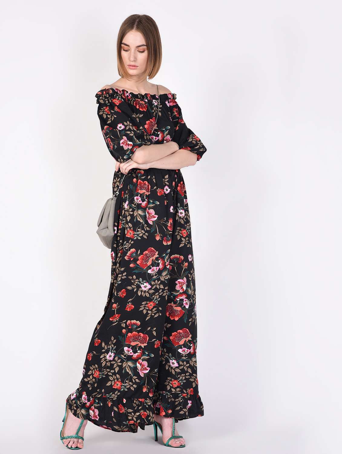 off shoulder gathered floral maxi dress 