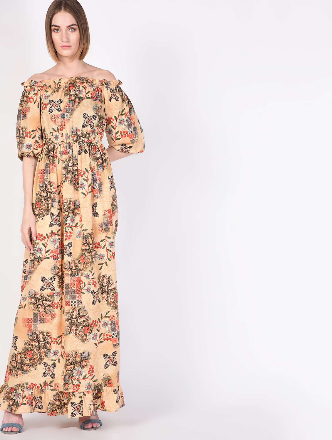off shoulder gathered floral maxi dress 