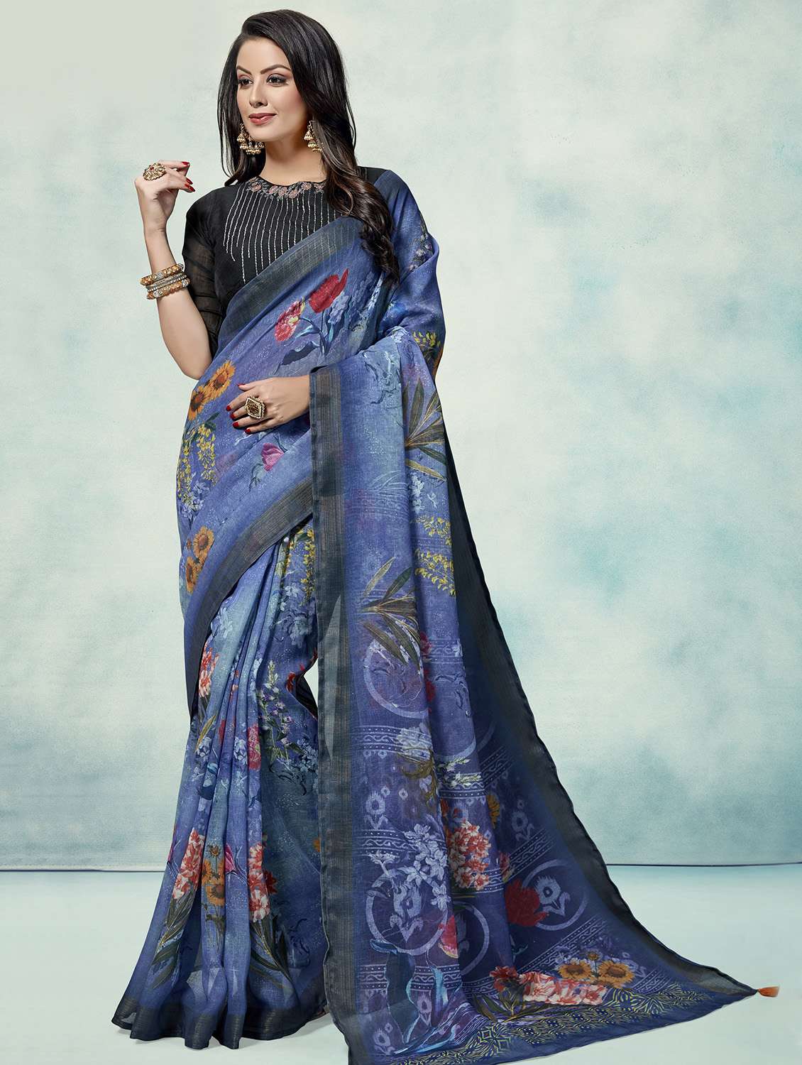 women's floral indigo colored saree with blouse
