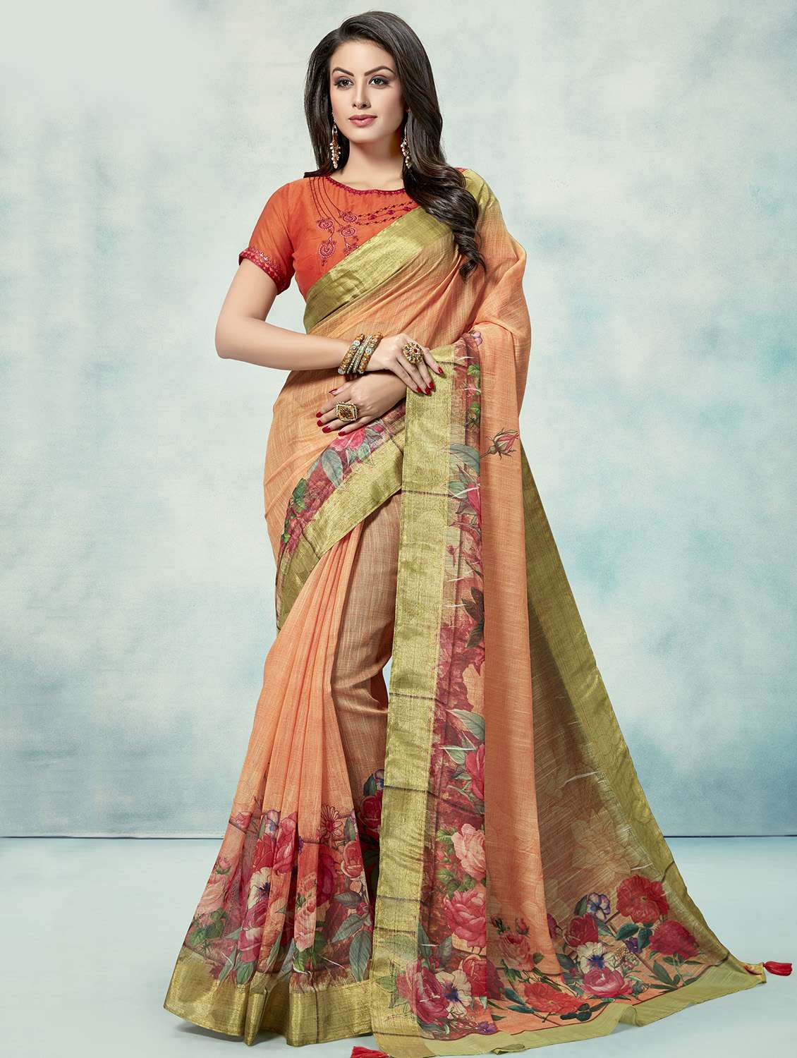 women's floral peach colored saree with blouse