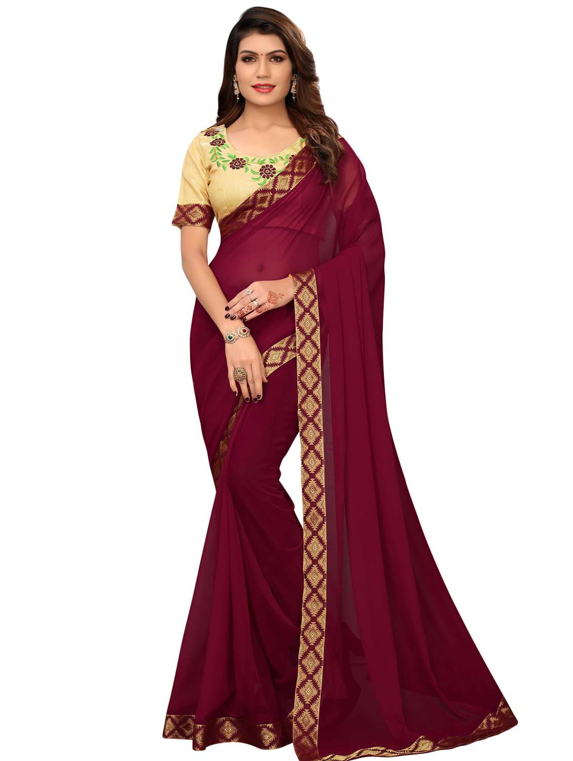 purple georgette bordered saree with blouse
