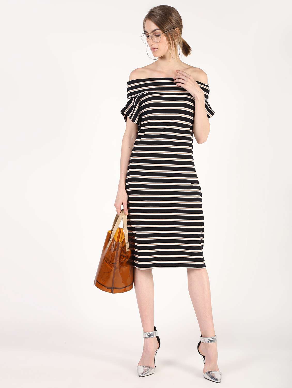  off shoulder striped sheath dress