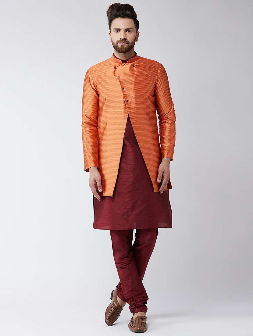 maroon silk blend kurta pyjama with orange jacket