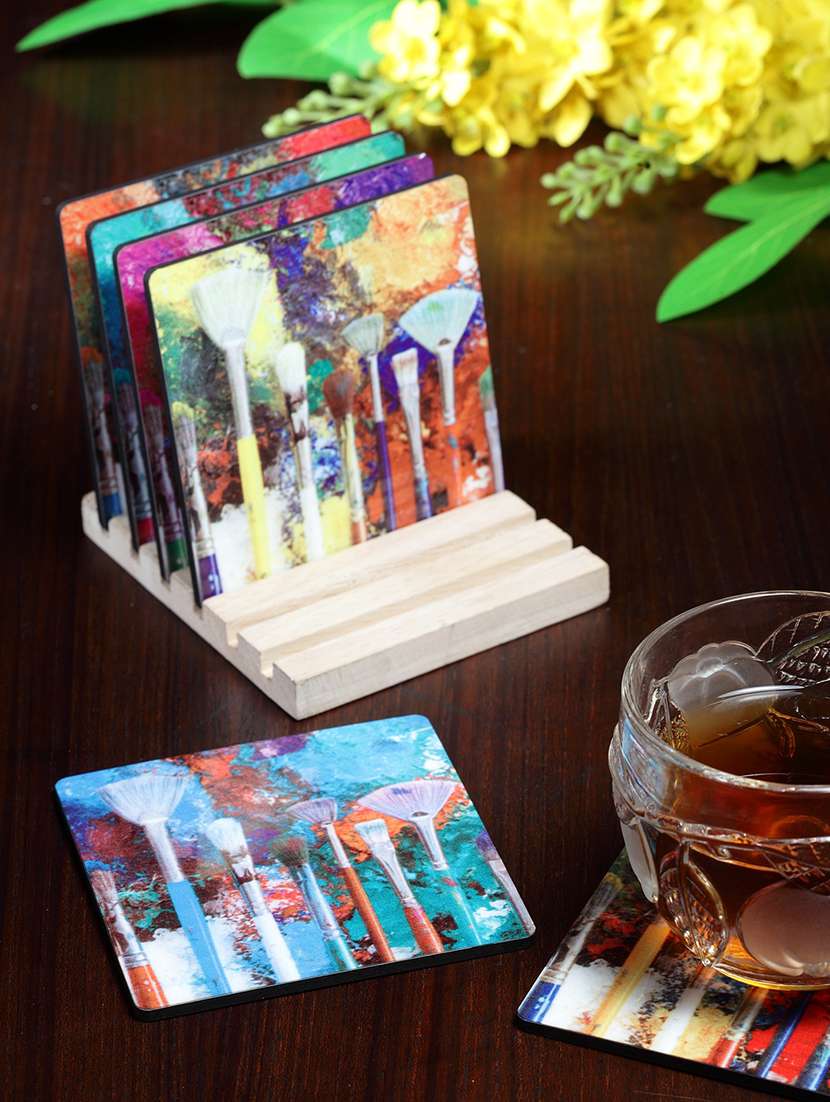 alina decor set of 6 printed coasters with wooden stand