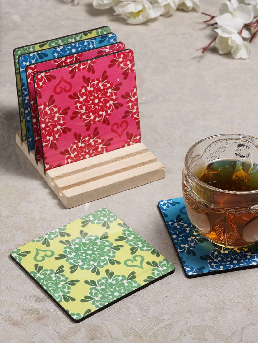 alina decor set of 6 printed coasters with wooden stand
