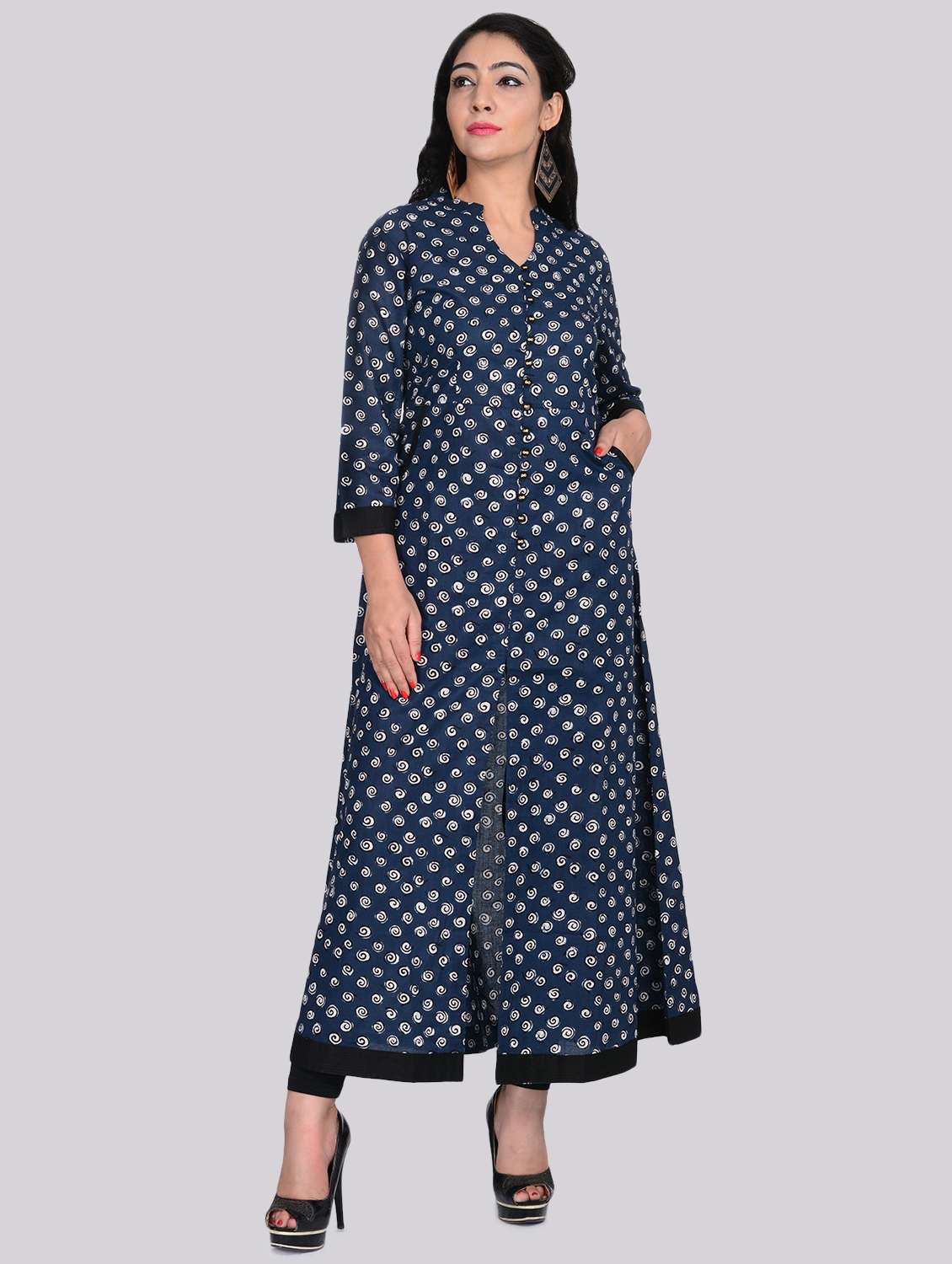 indigo printed high slit kurta