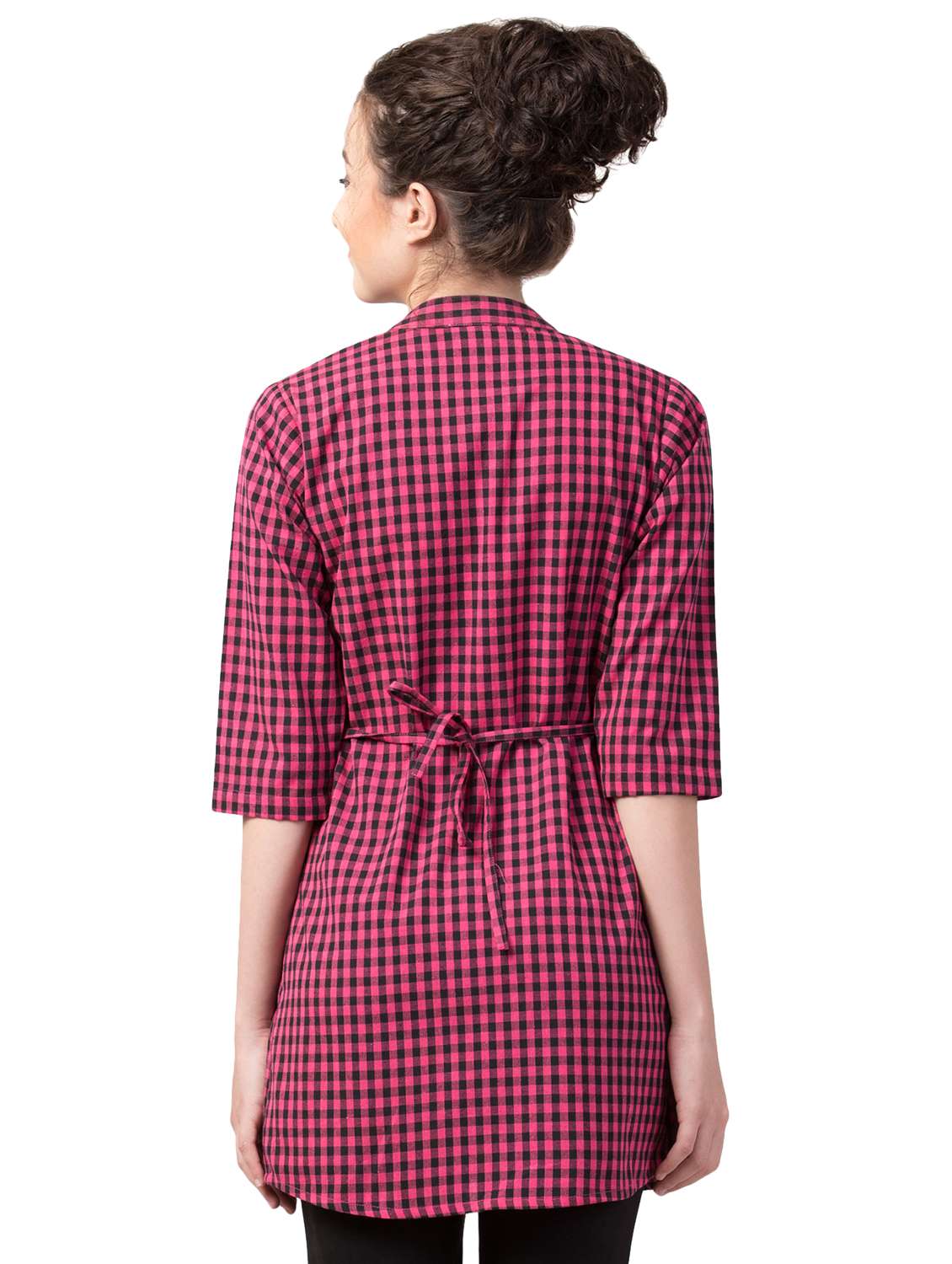 button detail tie knot back checkered tunic - 16404330 - Standard Image - 2
