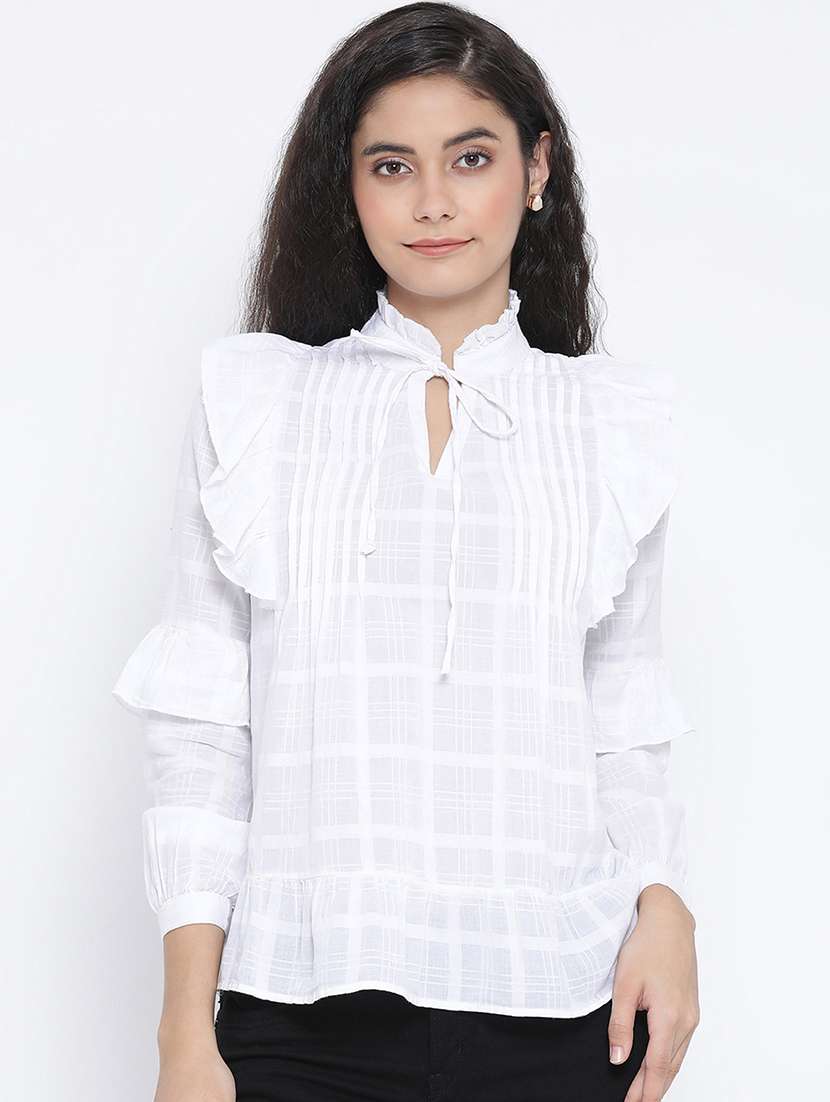 pin tucks ruffle detail checkered top