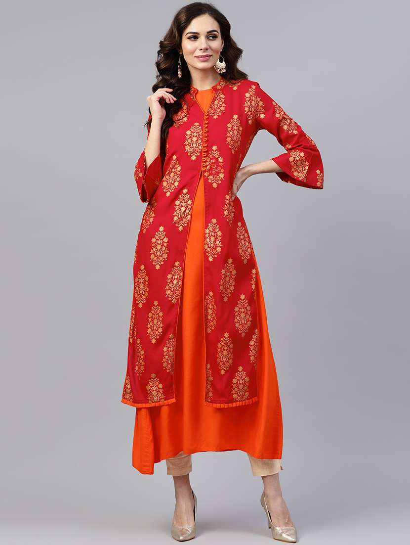 gold foil printed layered kurta