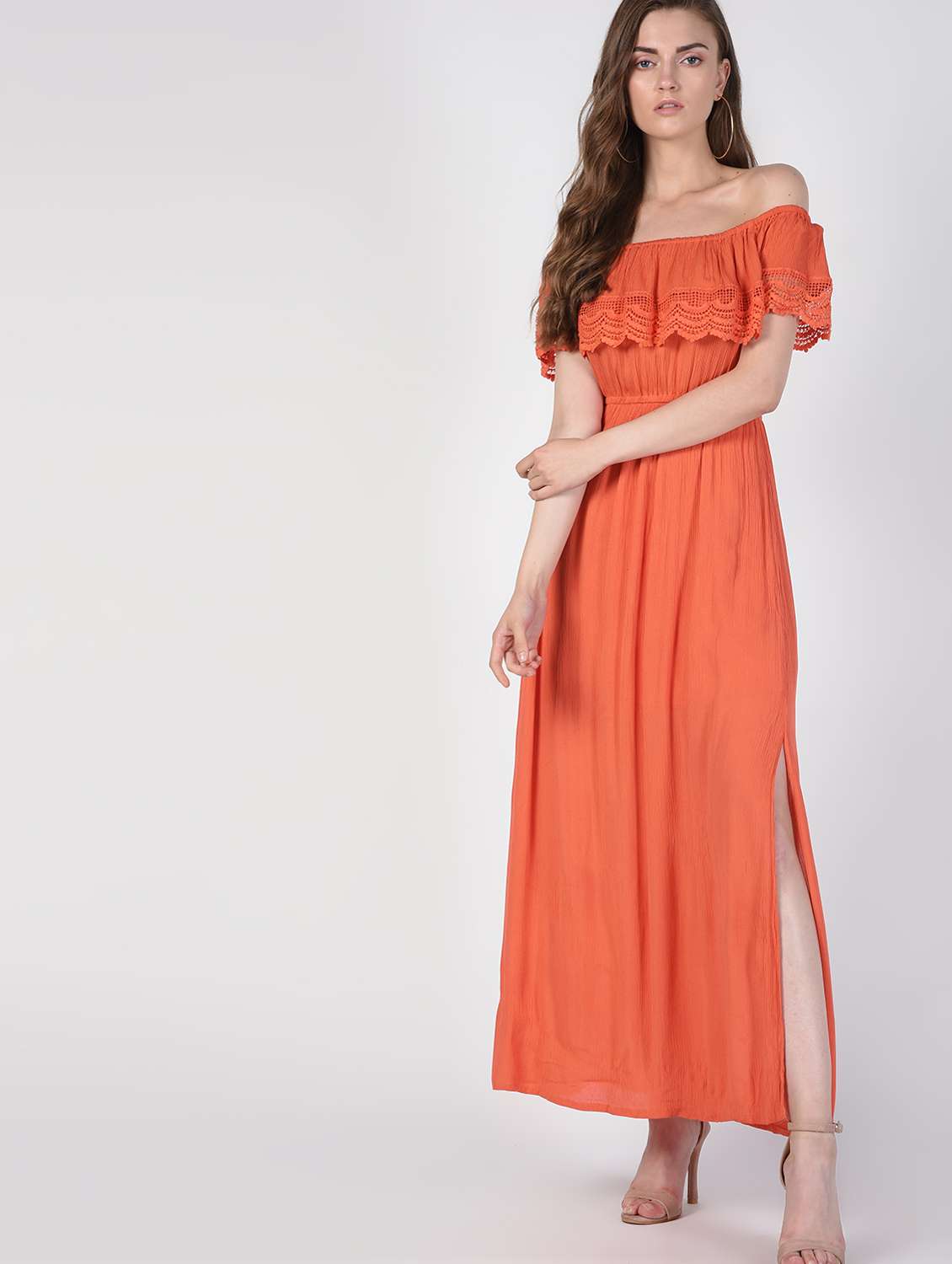 off shoulder lace detail high slit dress