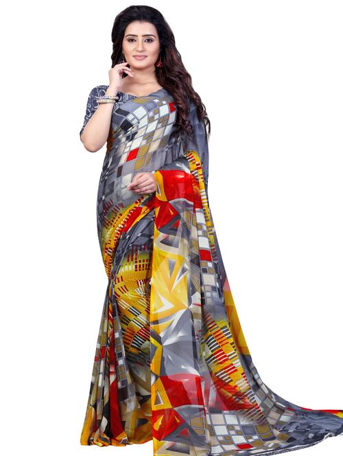 yellow georgette printed saree with blouse - 16426860 - Standard Image - 0