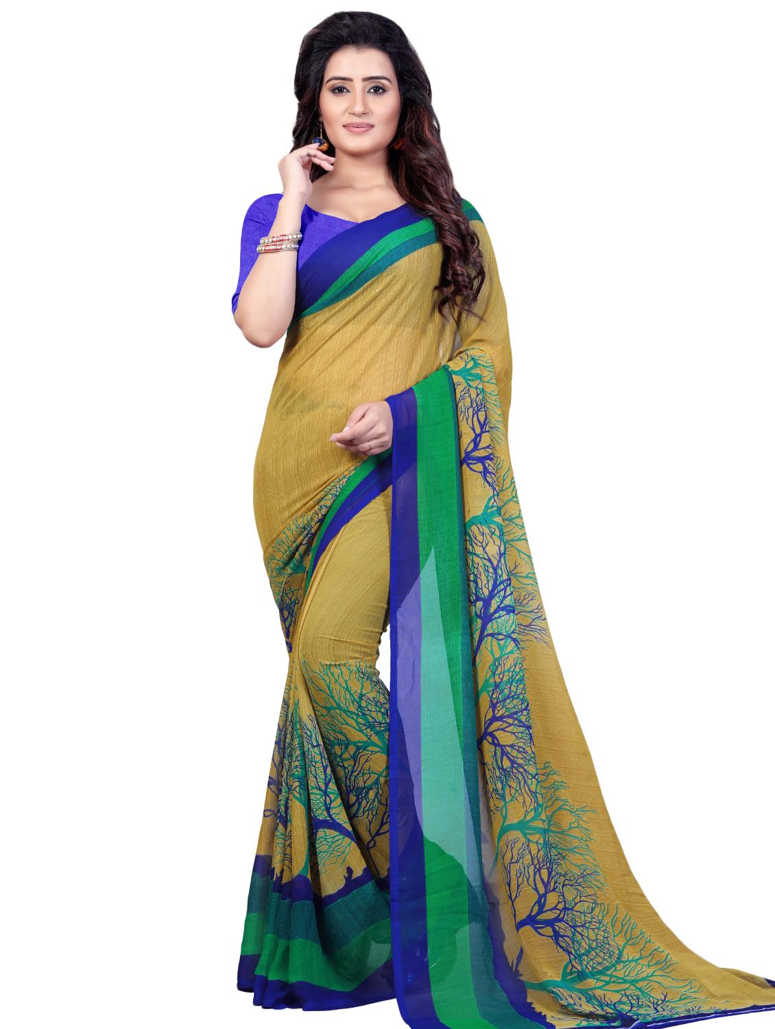 beige georgette printed saree with blouse - 16426861 - Zoom Image - 0
