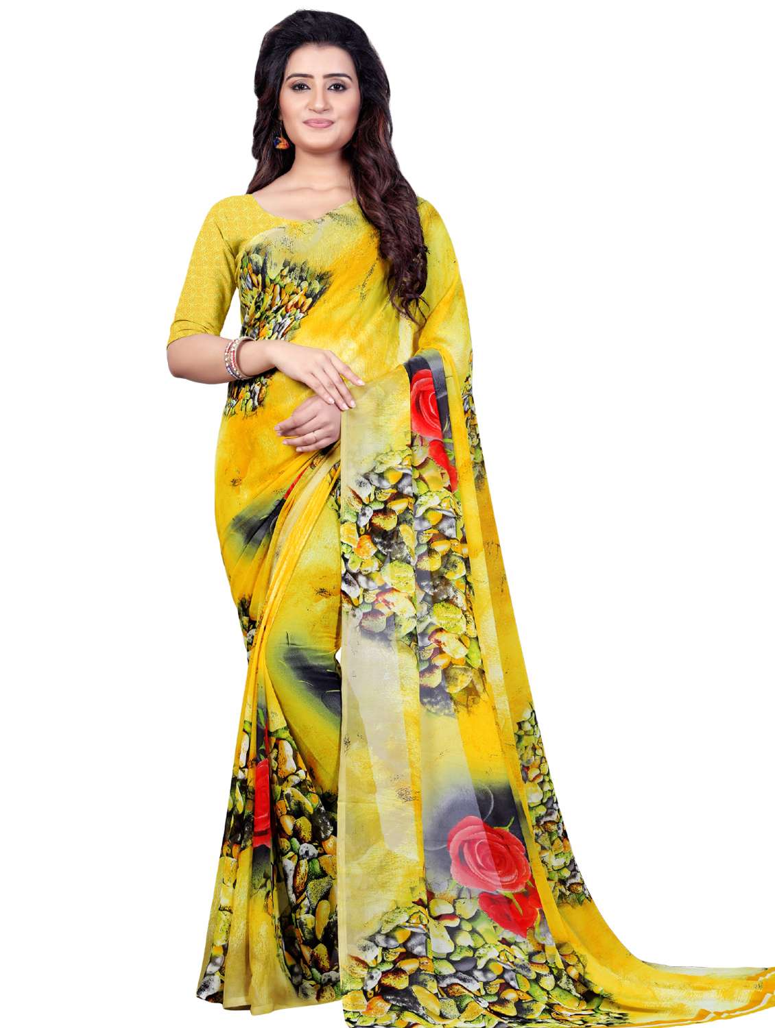 yellow georgette printed saree with blouse