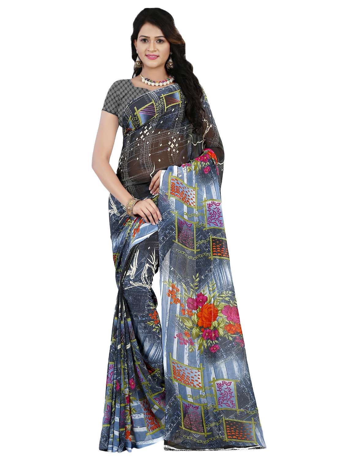 black georgette printed saree with blouse - 16426865 -  Zoom Image - 0