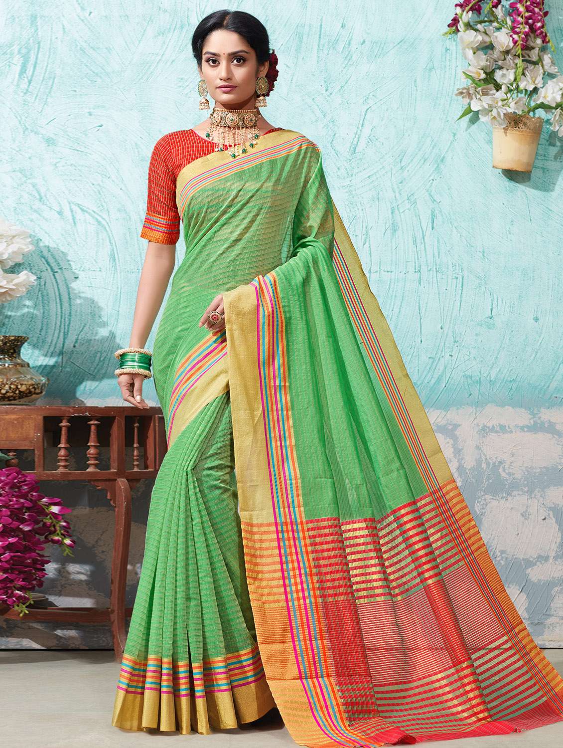 women's self design green colored saree with blouse