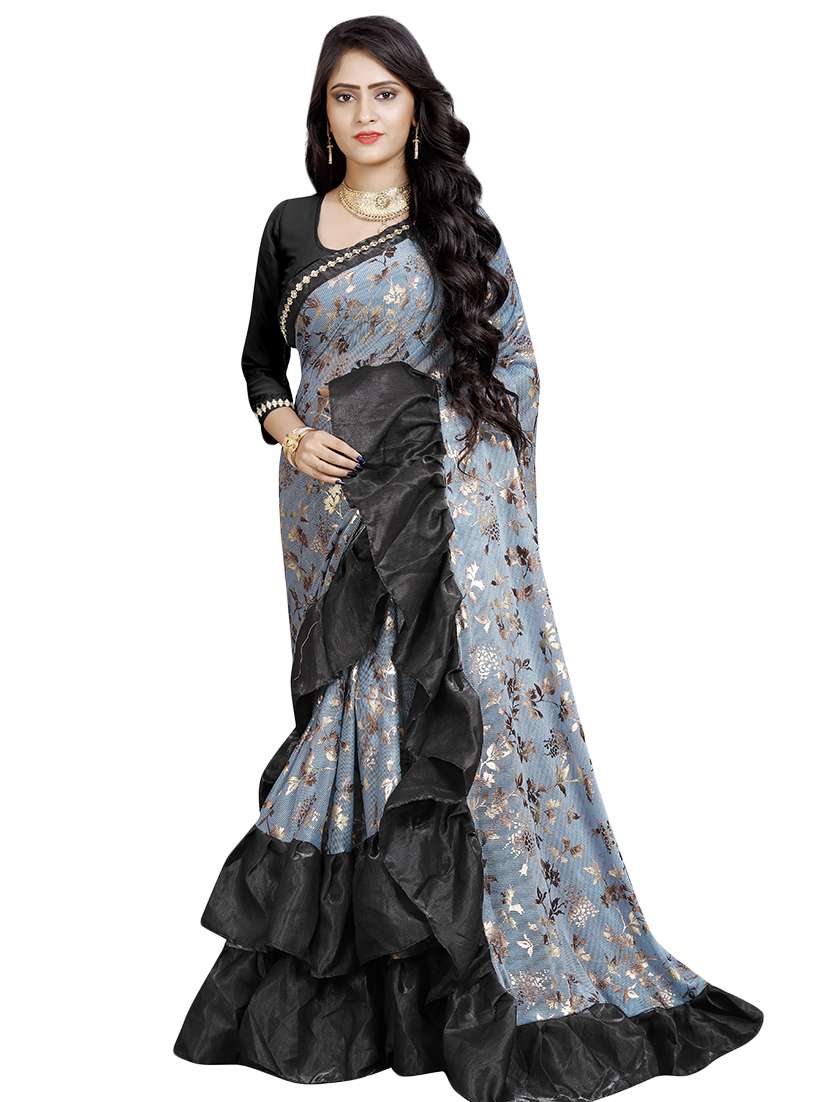 ruffle gold print saree with blouse