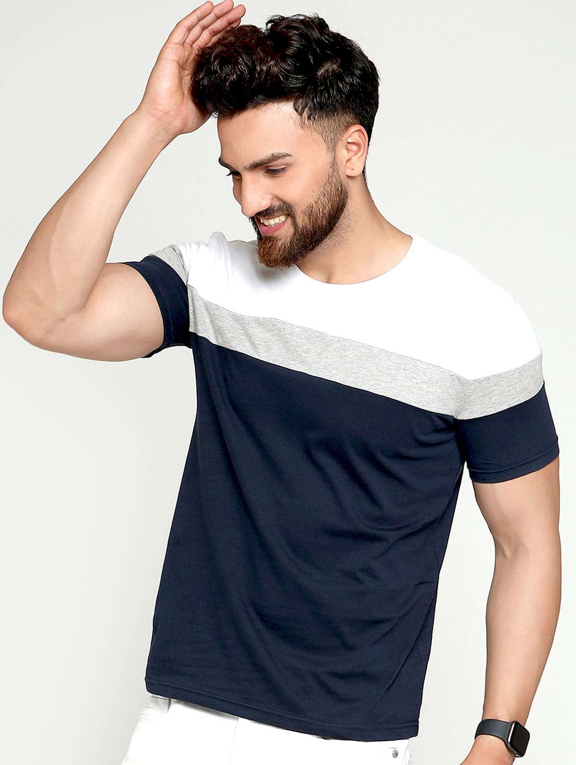 navy blue color block crew neck t-shirt