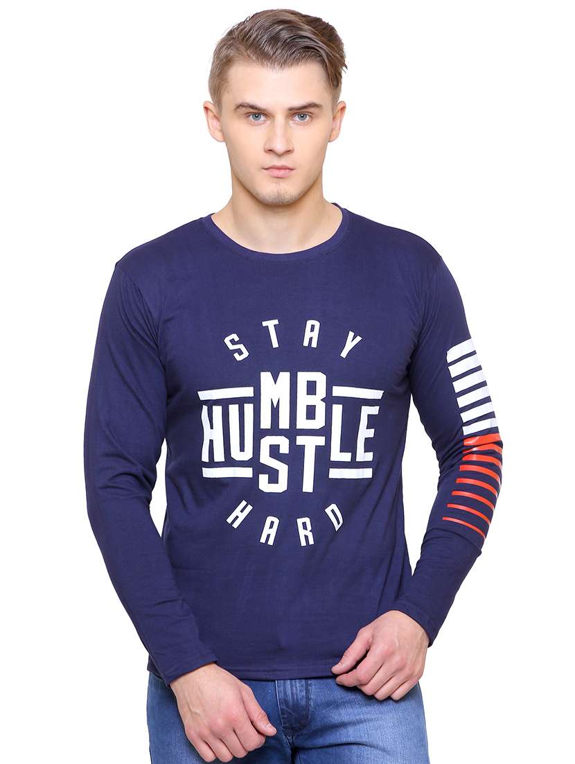 navy blue typographic front print t-shirt