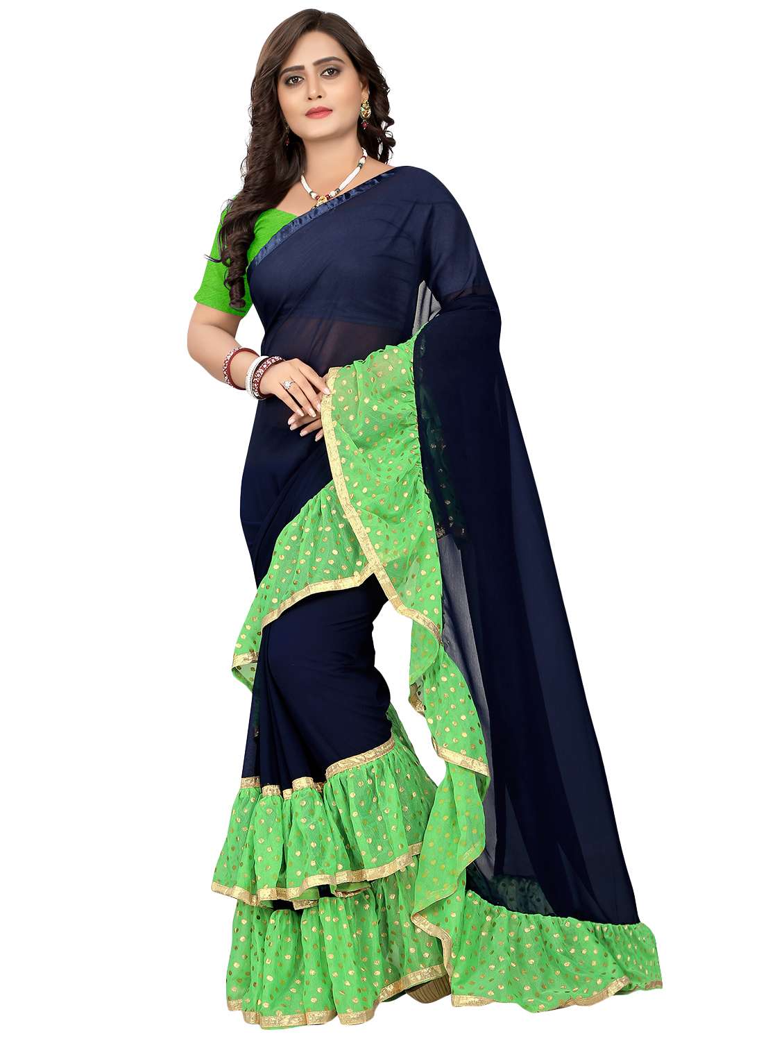 women's foil print green colored saree with blouse