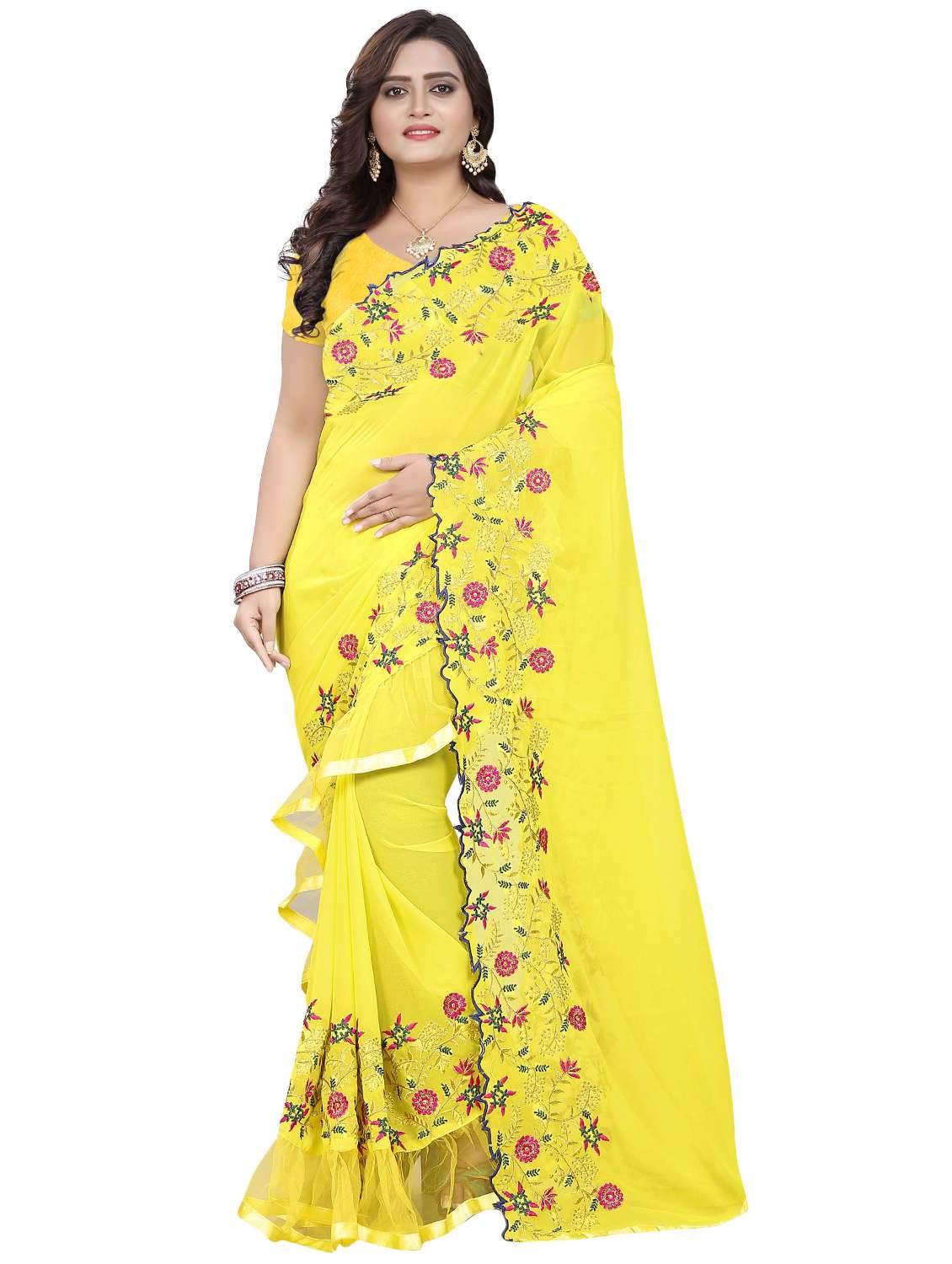 embroidered ruffle fusion saree with blouse