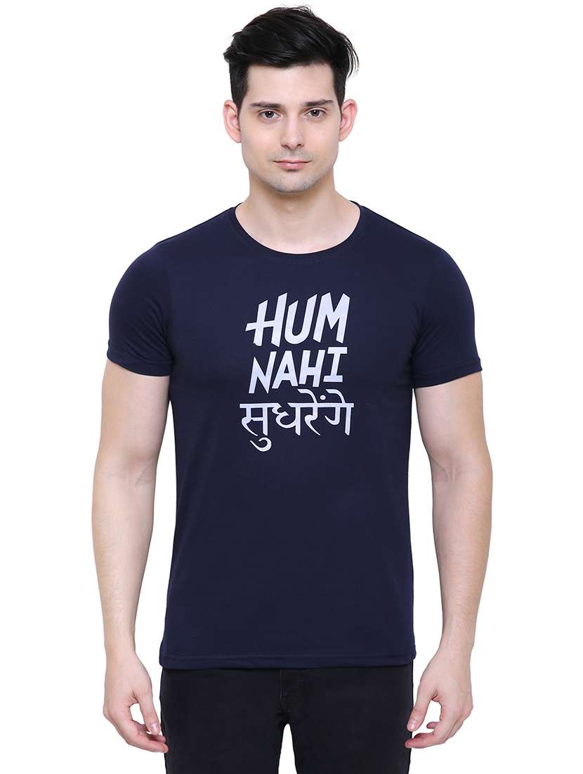 navy blue typographic chest print t-shirt