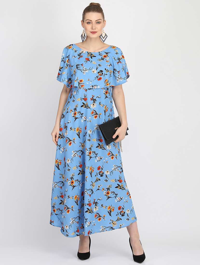 cape sleeved floral a-line dress