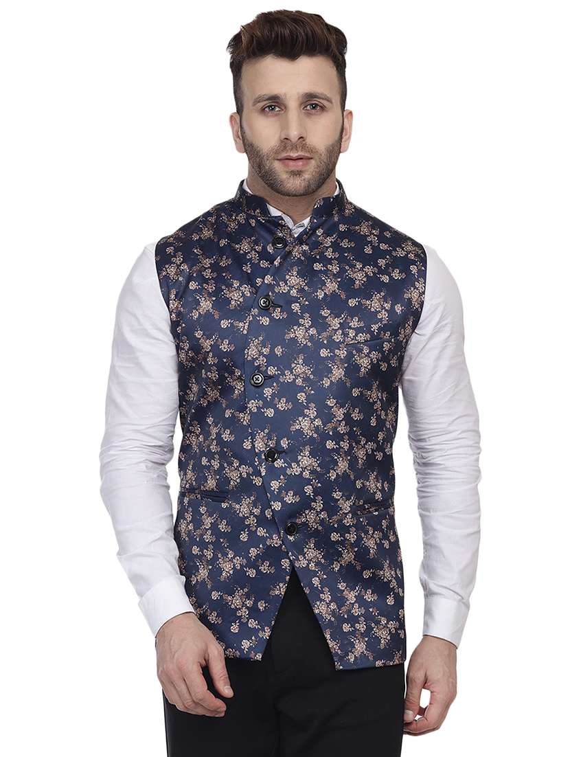 men navy blue printed sleeveless nehru jacket