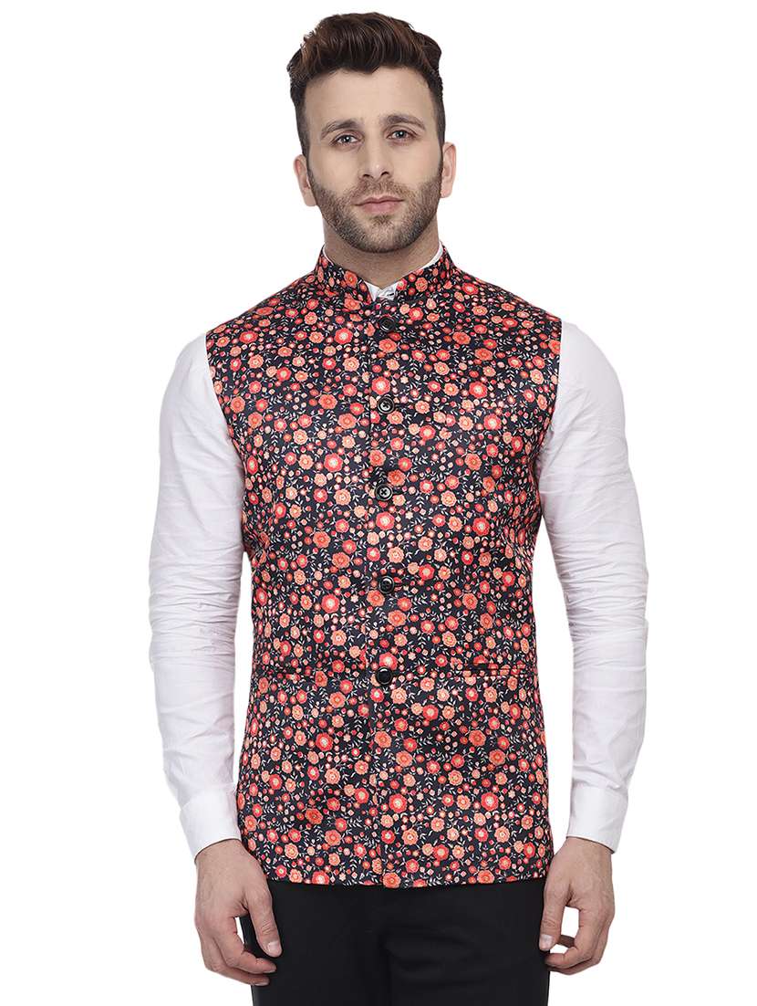 red floral printed nehru jacket