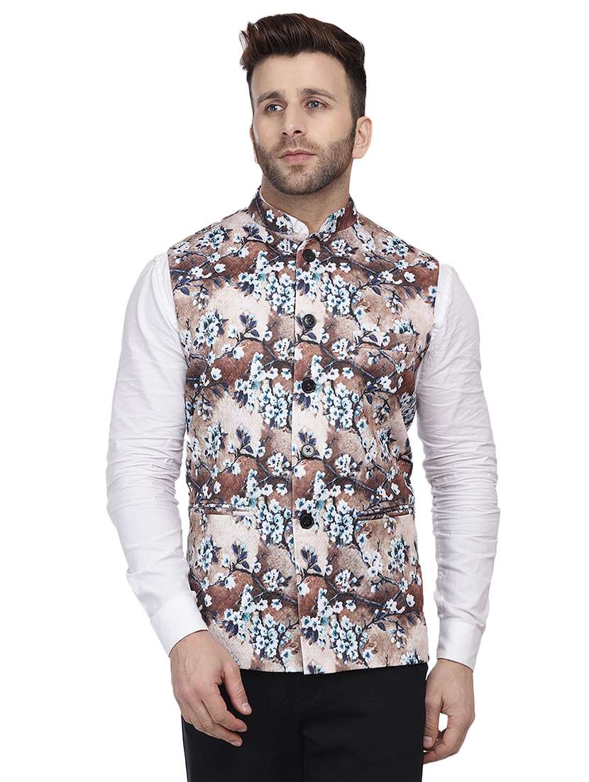 beige printed nehru jacket