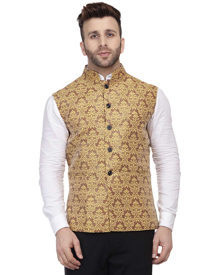 gold jacquard print nehru jacket