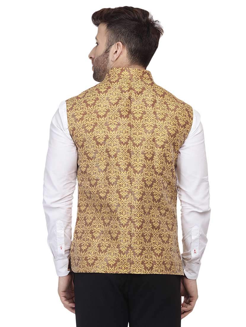 gold jacquard print nehru jacket - 16457191 - Standard Image - 2