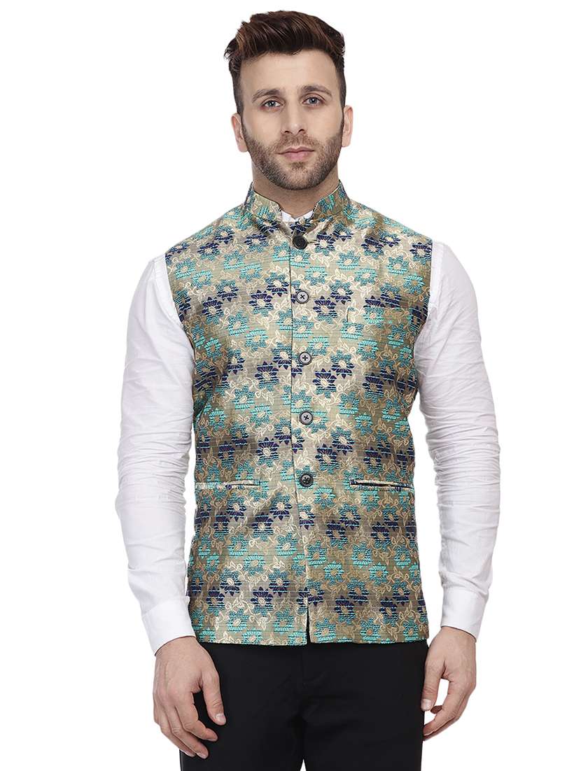 blue printed nehru jacket
