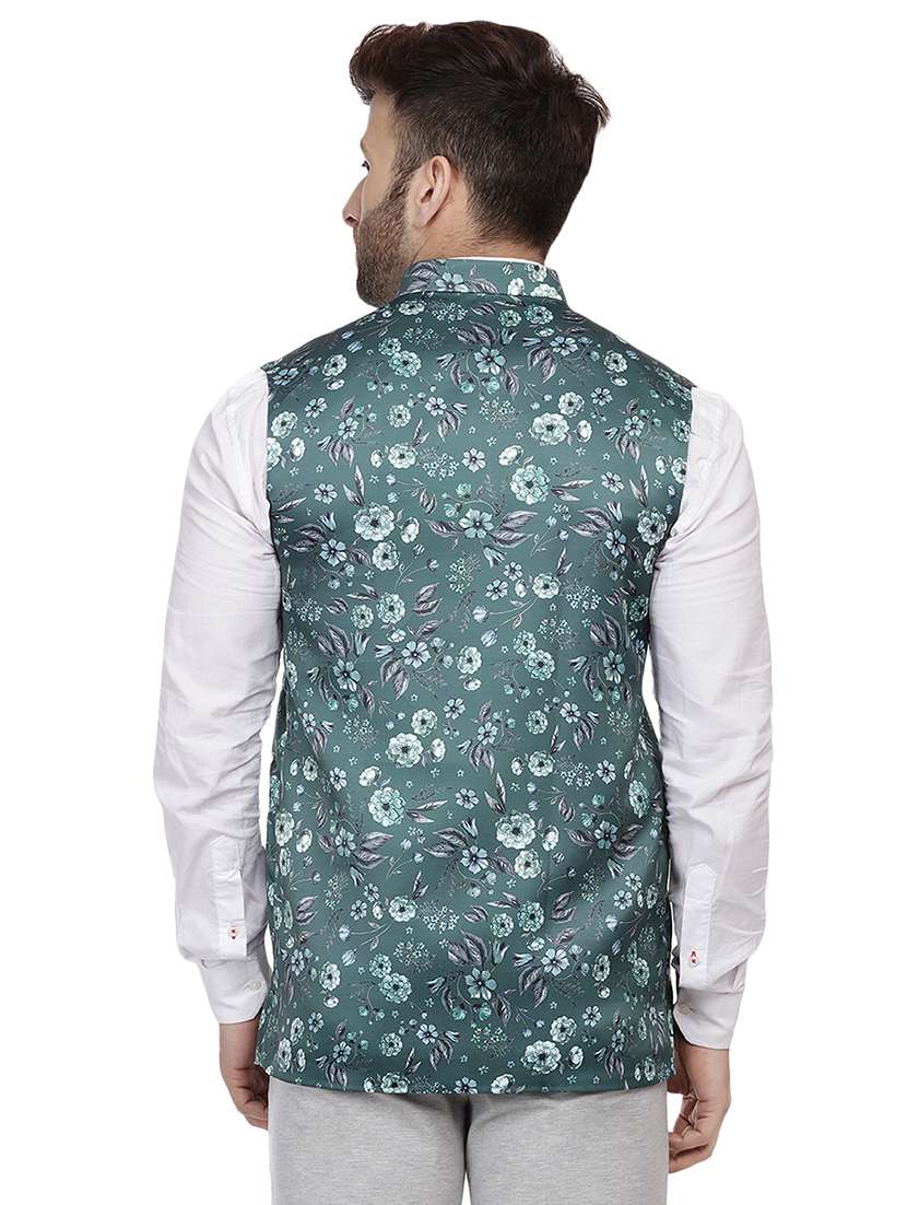 green printed silk nehru jacket - 16457203 -  Standard Image - 2