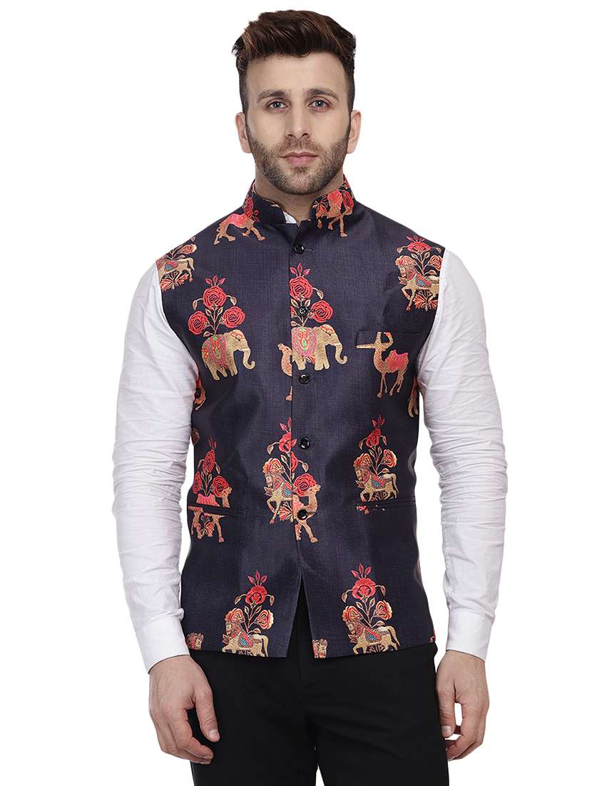 blue printed silk nehru jacket