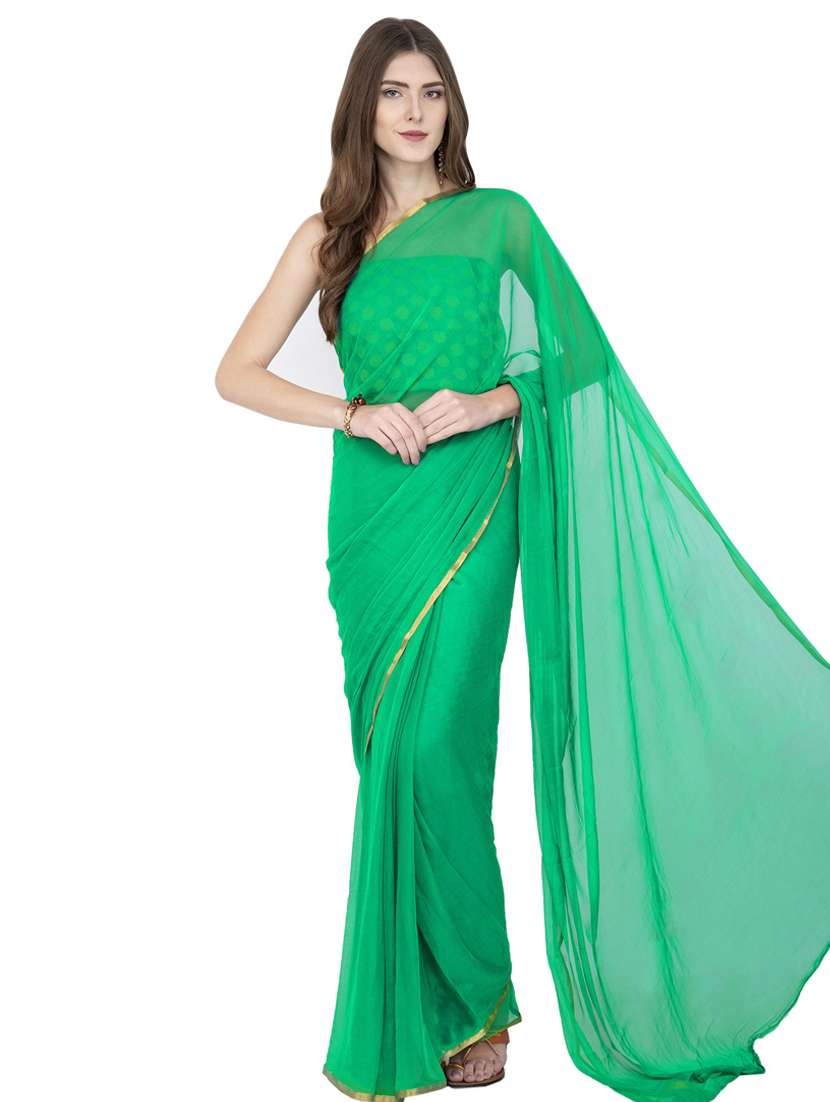 green chiffon plain saree with blouse