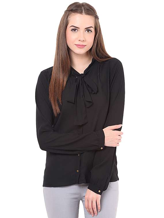 tie knot neck gathered solid shirt