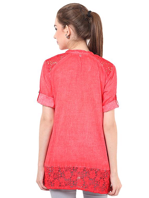 roll up sleeved floral laced high low tunic - 16468412 - Standard Image - 2