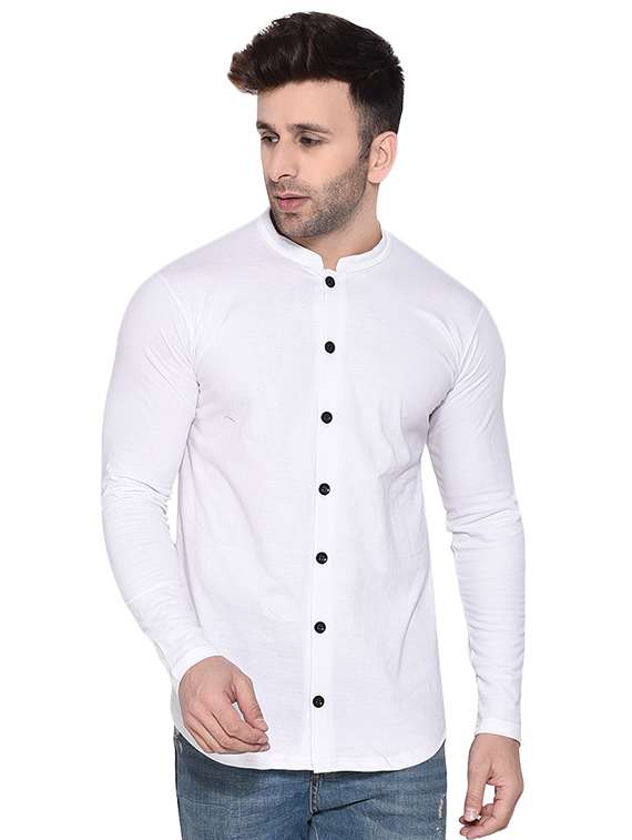 men white slim fit solid mandarin neck casual shirt - 16483417 - Zoom Image - 0