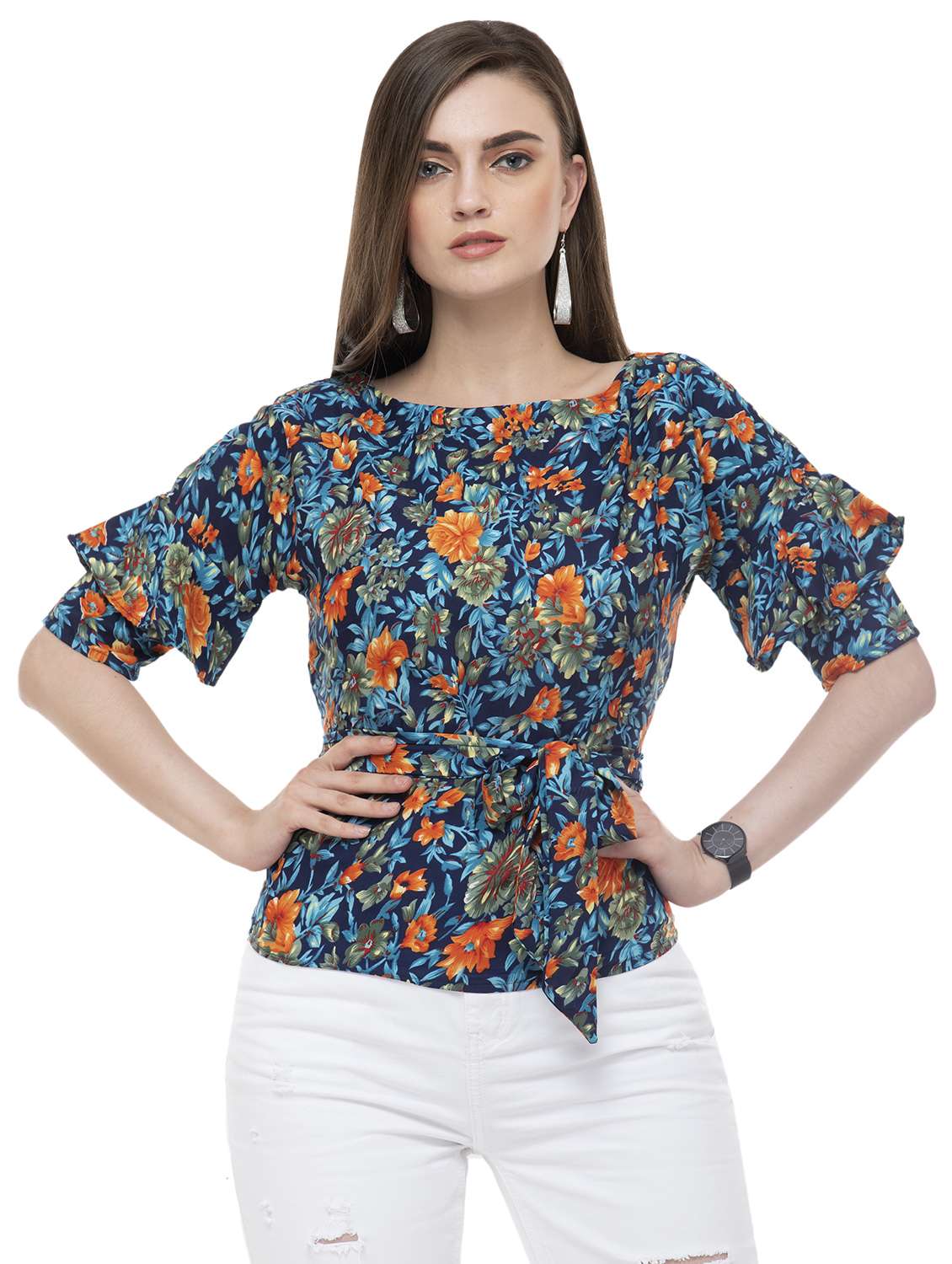 bell sleeved tie knot floral top