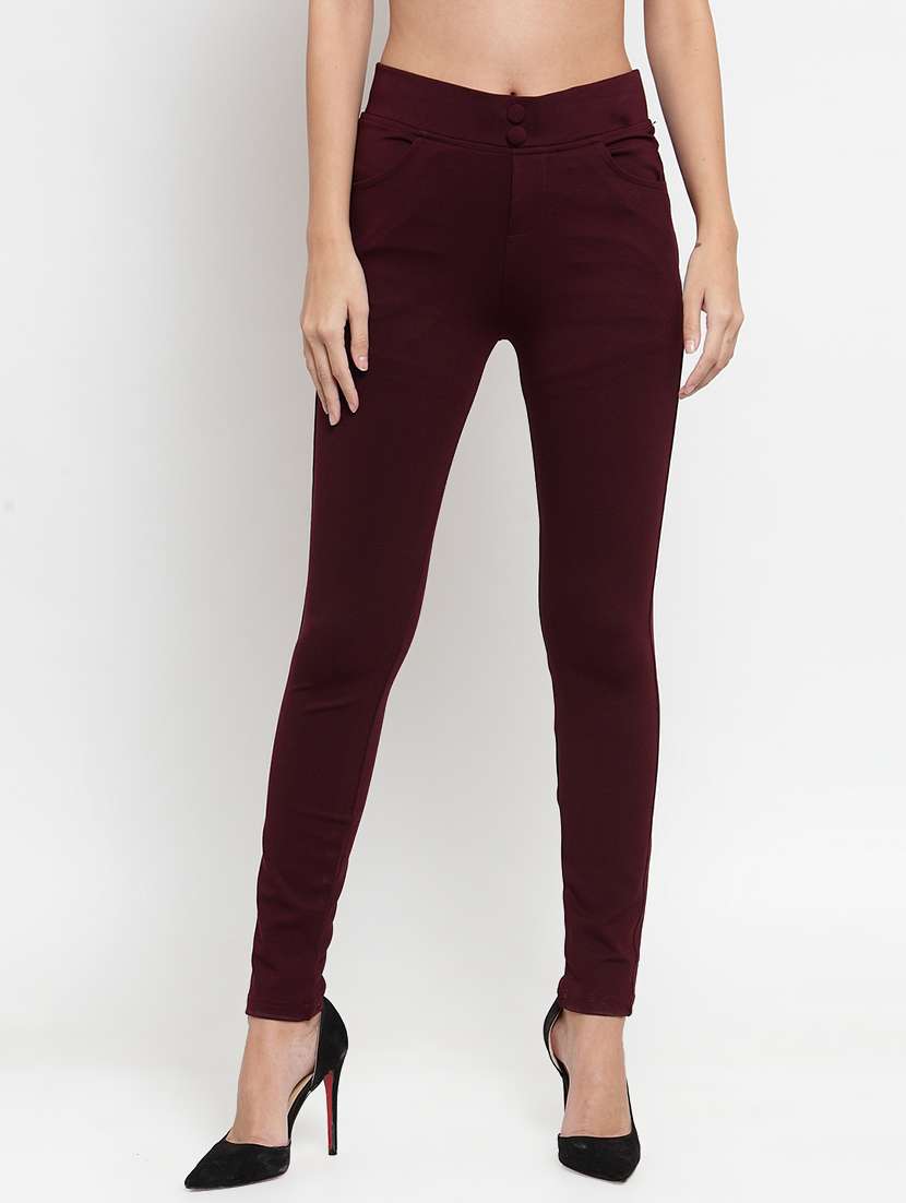 burgundy solid high rise trousers