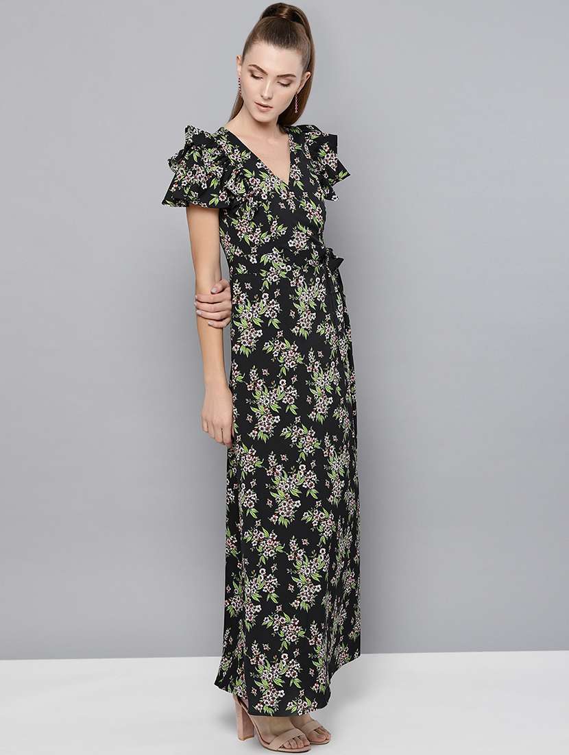tie knot ruffled wrap maxi dress