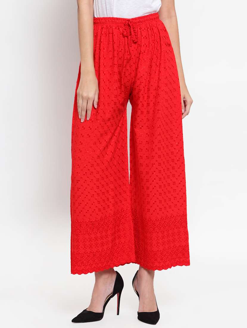 red embroidered straight palazzo 