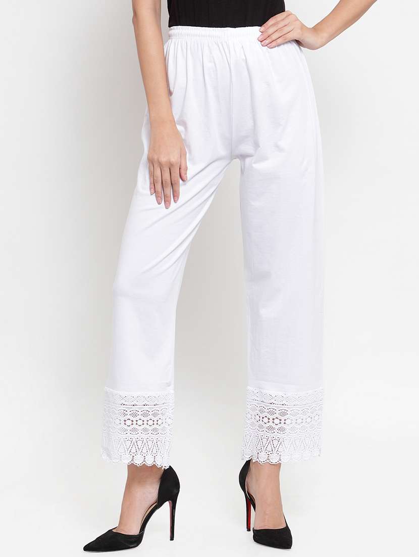 white high rise laced hem trouser 