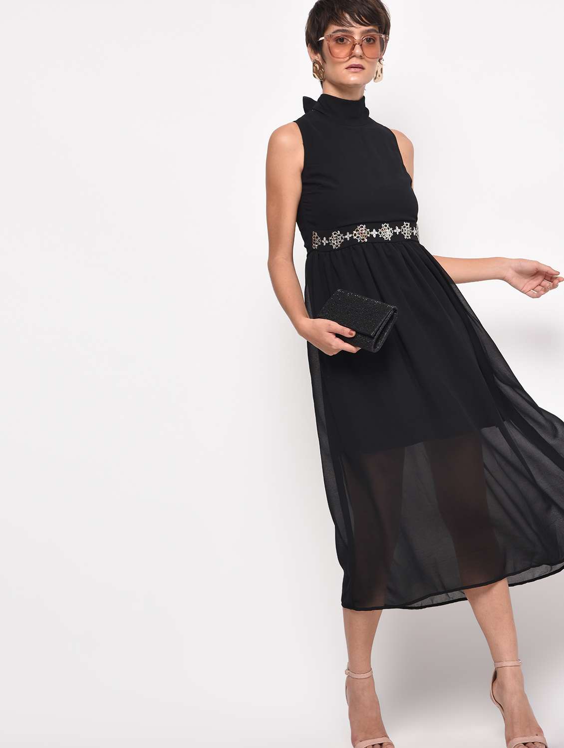 halter neck embroidered a-line dress